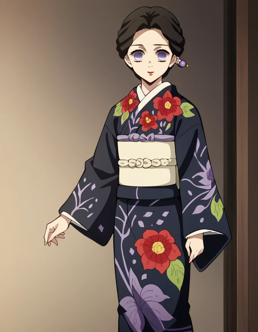 score_9, score_8_up, score_7_up, source_anime,
knytamayo, tamayo, black hair, hair ornament, purple eyes, empty eyes, short hair, makeup, lipstick, red lips,
long sleeves, flower, japanese clothes, wide sleeves, kimono, sash, obi, floral print, print kimono, black kimono,
smile,
solo, looking at viewer, cowboy shot, dutch angle, full body, standing, idle