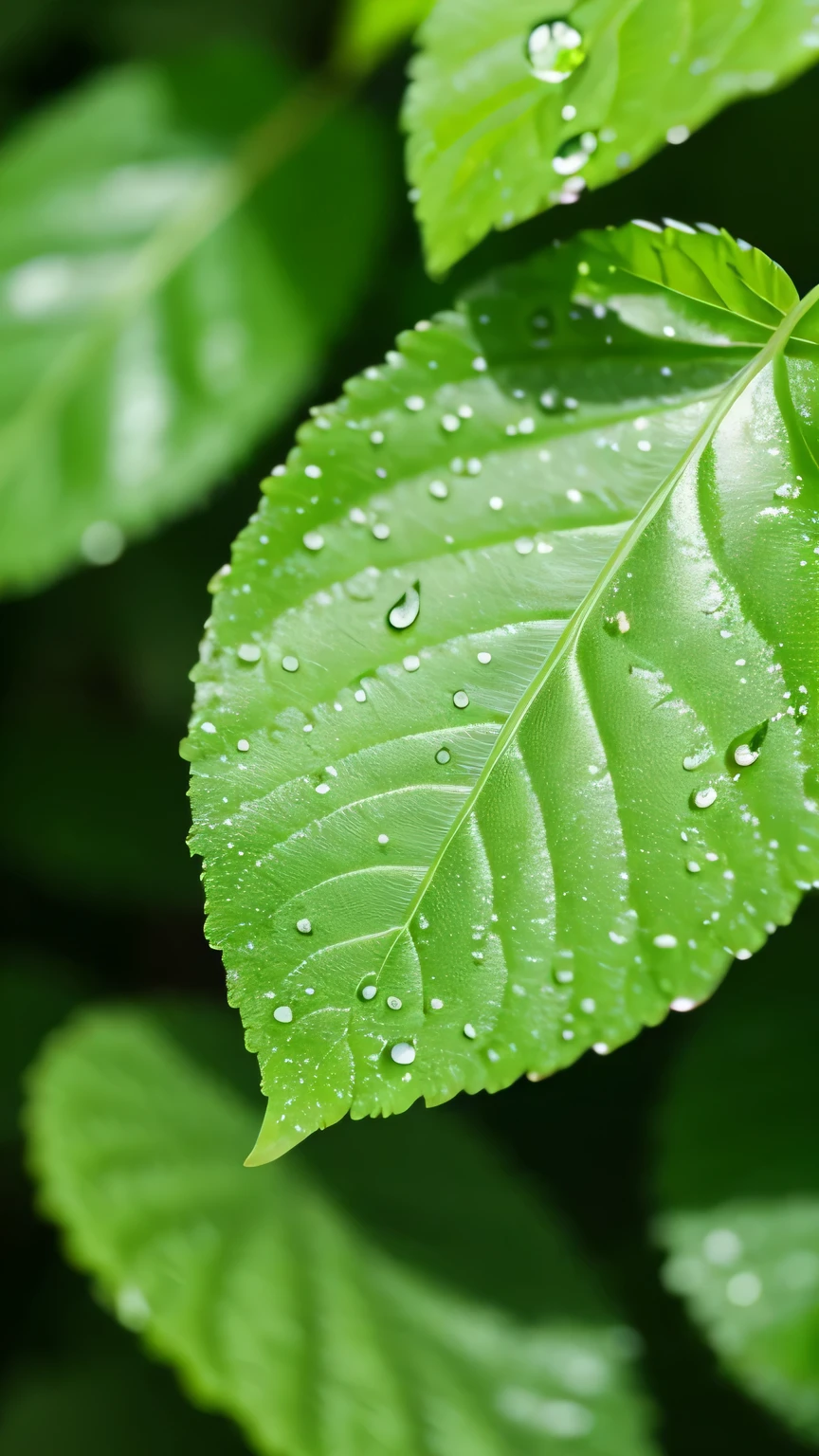 green,leaf,Water droplets fall,The background is blurred 8K
