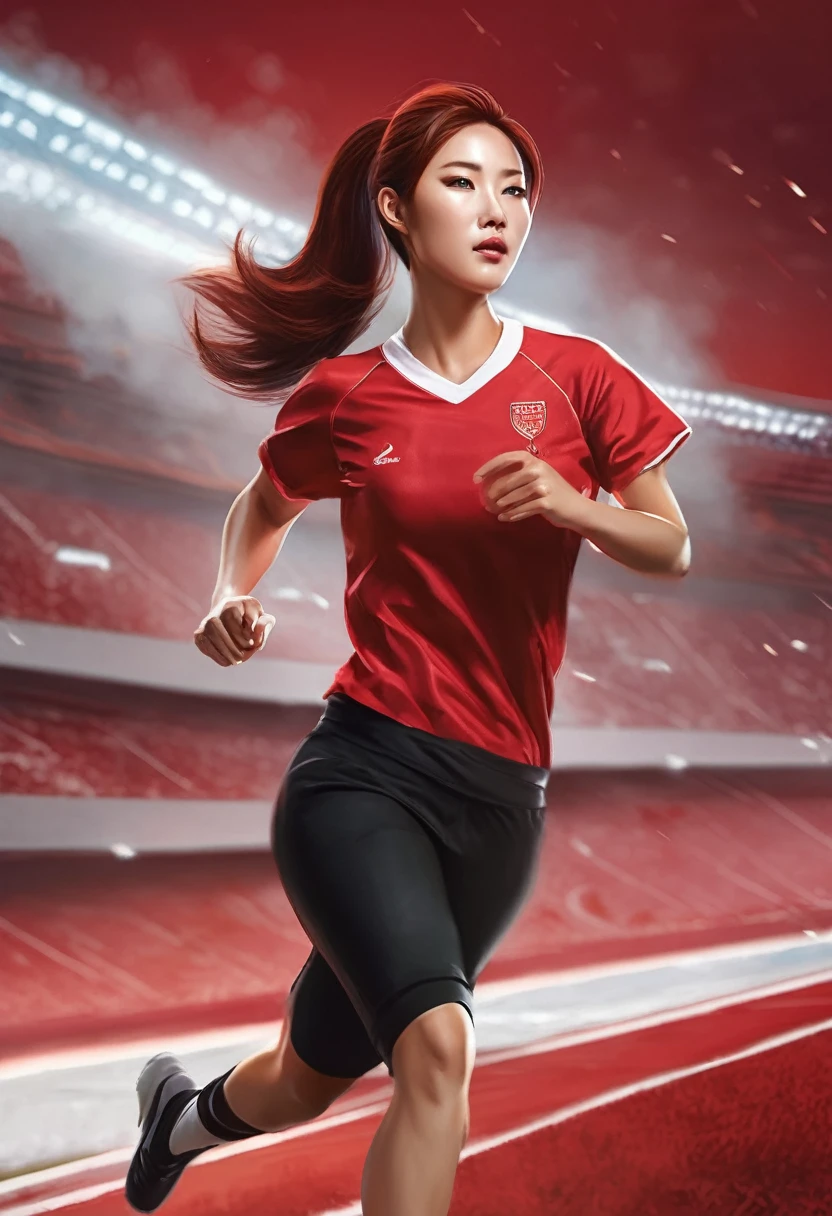 digital concept art of ultra realistic beautiful Korean woman wearing a red shirt with black pants, red ponytail hair, very healthy, running after (a soccer ball) inside a stadium, smoky surrounding , in motion, mid air, night, jay anacleto, best quality masterpiece