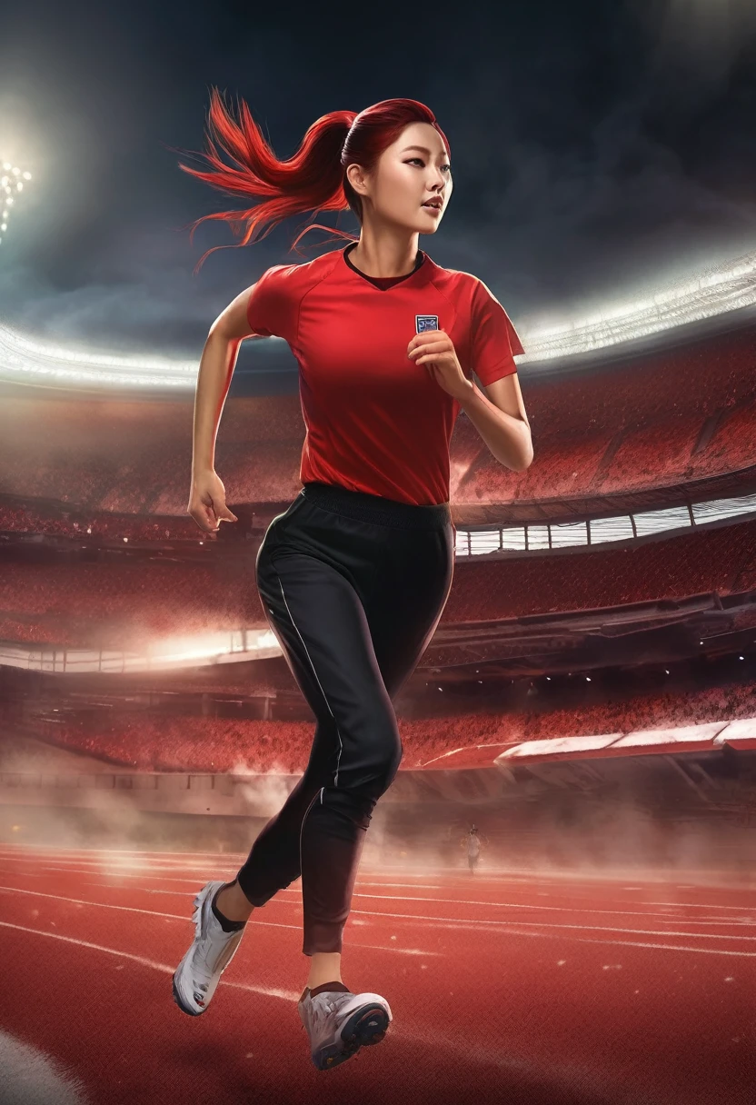 digital concept art of an ultra-realistic beautiful Korean woman wearing a red shirt and black pants, Red hair, pulled back into a ponytail, very healthy, run after (football) Inside the stadium, smoky environment , In move, in the air, night, Jay Anacleto, best quality masterpiece