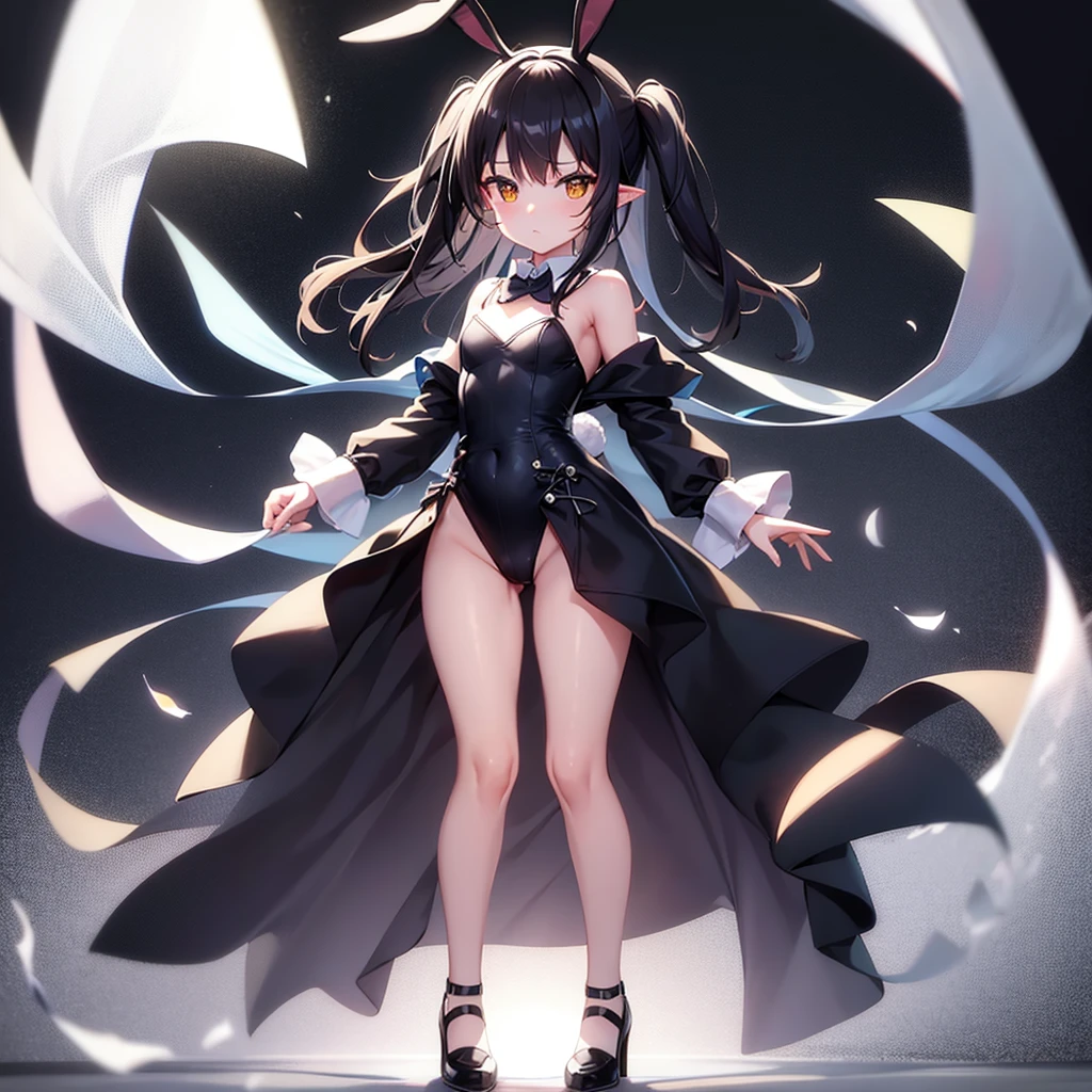 ((Bunny girl)),Dropped ears,Cute little ,Tiny ,Small girl,,Childish face, Very fine clean face,Top quality,Black Hair,(Dark Room), Subtle light, Natural light,Soft lighting,Light from directly behind, (Are standing),With bust up,Front view,Black background