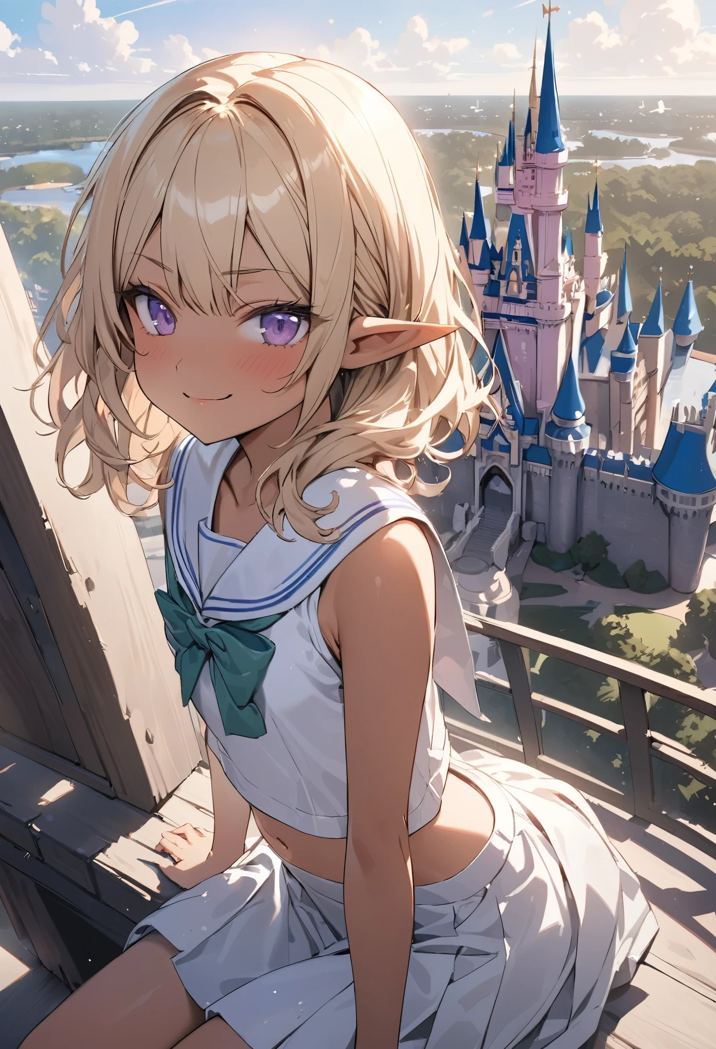 ((Masterpiece)), ((best quality)), (ultra-detailed), ((kawaii)), ((extremely detailed)), 4K, (8K), (super detail:1.2),(High Definition:1.3), (Professional Photography:1.2), (wide shot), cinematic lighting, (sharp focus), (perfect light), ((1girl)), ((12 years old)), cute young girl, (very grin), (Beautiful purple eyes:1.2), (dark skin), elf girl, (small chest), (Embroidered cute school uniform)), cute navel, (Healthy slim body), (long bangs), silky and straight hair, (medium hair), ((beautiful blond hair)), BREAK, ((best quality)), ((extremely detailed)), (loose sitting on the rooftop), (the Disney Resort), Cinderella Castle spreading out below,