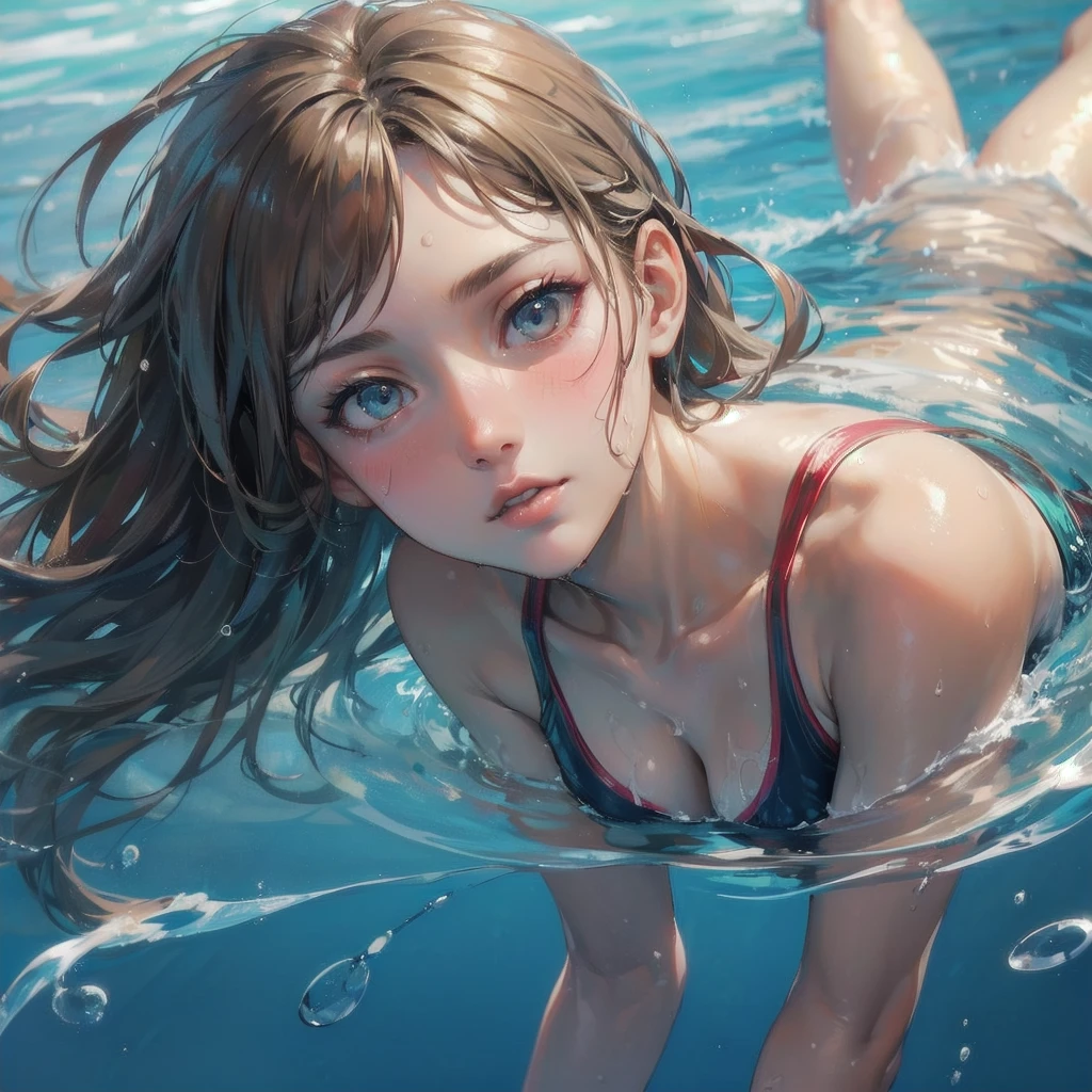 masterpiece, (textured skin), best quality, gorgeous beautiful girl, (a female swimming athlete), detailed clothes,large breasts,narrow waist,, (beautiful face), cinematic lighting, (at swimming venue ),
