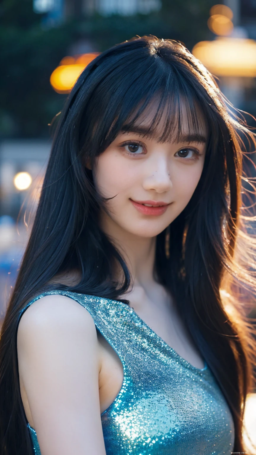 1girl,(wearing a blue glittery evening dress:1.2),(RAW photo, best quality), (realistic, photo-realistic:1.4), masterpiece, an extremely delicate and beautiful, extremely detailed, 2k wallpaper, Amazing, finely detail, extremely detailed CG unity 8k wallpaper, ultra-detailed, highres, soft light, beautiful detailed girl, extremely detailed eyes and face, beautiful detailed nose, beautiful detailed eyes,cinematic lighting,city lights at night,perfect anatomy,slender body,light smile,close up,(long hair with bangs)