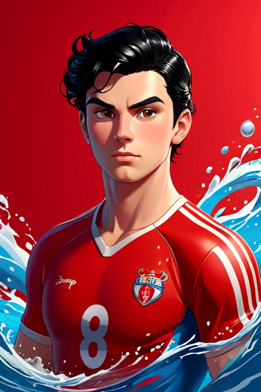 Football player swimming athlete,black hair,Looking at the camera,Portraits,Red background,Disney style,Contour lighting,3D Art, C4D Rendering,Lively,8K resolution,Super Detail,best quality