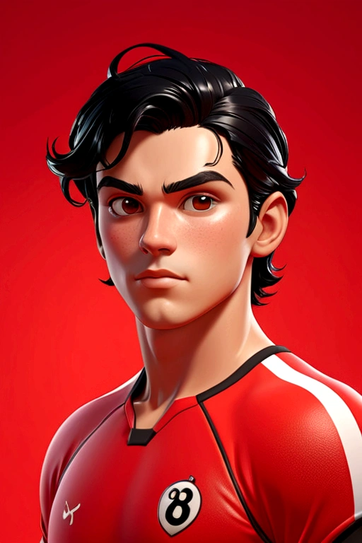 Football player swimming athlete，black hair，Looking at the camera，Portraits，Red background，Disney style，Contour lighting，3D Art, C4D Rendering，Lively，8K resolution，Super Detail，best quality