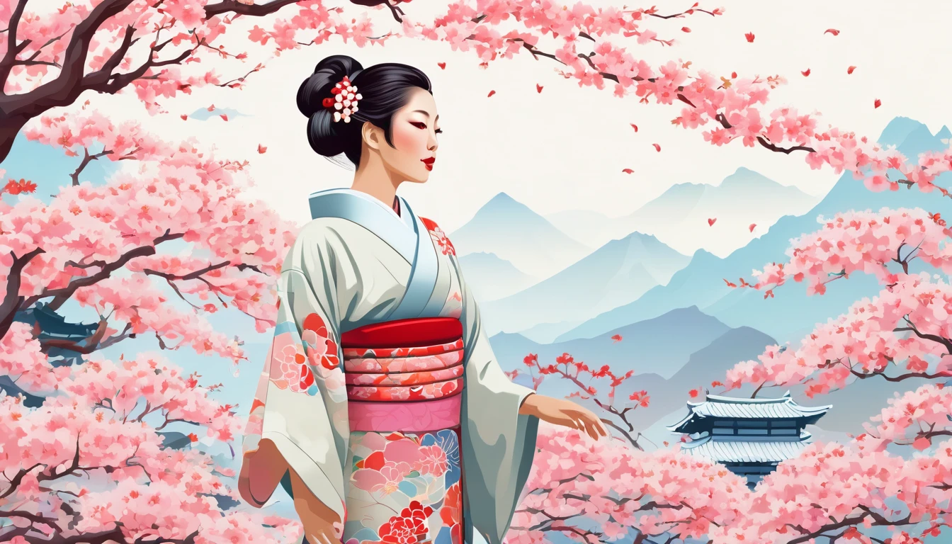 Create a digital artwork in a traditional Japanese style, depicting a woman in a kimono. The woman should be elegantly posed, with intricate patterns on her kimono showcasing traditional Japanese designs. The background should include elements like cherry blossoms, a serene garden, or a classic Japanese house to enhance the cultural context. Use a soft color palette with shades of red, pink, and gold to highlight the elegance and beauty of the scene. The overall composition should evoke the grace and tranquility of traditional Japanese art.