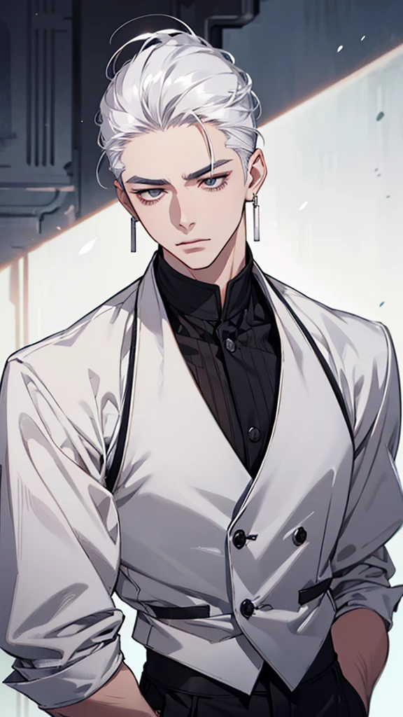 Asian face, young man, white hair, white eyelashes, fair skin, black shirt, silver vest, silver earrings, slicked back hair, arms folded behind back, upper body, standing tall