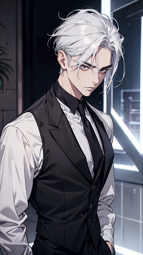Asian face, young man, white hair, white eyelashes, fair skin, black shirt, silver vest, silver earrings, slicked back hair, arms folded behind back, upper body, standing tall