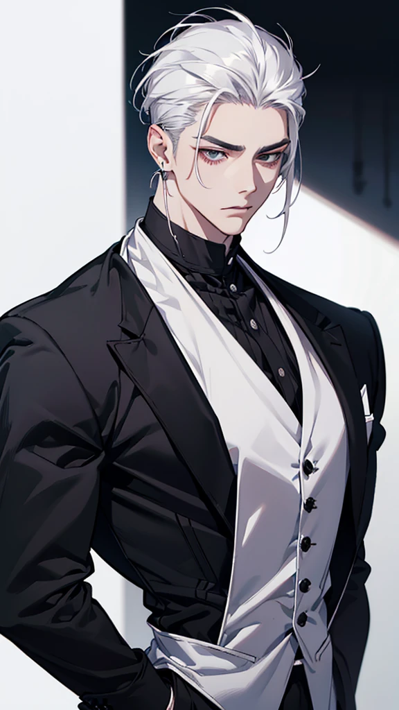 Asian face, young man, white hair, white eyelashes, fair skin, black shirt, silver vest, silver earrings, slicked back hair, arms folded behind back, upper body, standing tall
