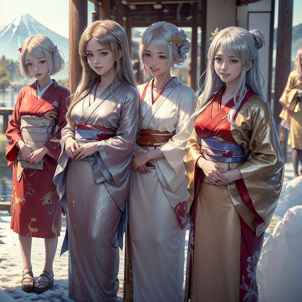 ((8K, RAW Photos, Highest quality, masterpiece)),((Showing the kimono from the obi up：1.5)), High-resolution RAW color photos、

Professional close-up photography, (Realistic, フォトrealism: 1.37), 

(Highest quality), (Best Shadow), (Best illustrations),

High-quality images、Skin Radiance、Texture of skin and clothing、

Expression of fine eyes、Shiny Hair,Long Hair Girl, Manga inspired by Lee Jong-suk, 

Trending on deviantart, realism, detailed manga style, Manga art style,

Perfect Line Drawing, Beautiful line art, digital manga art girl, K-POPアイドル,

 Beautiful brown eyes, Fuller lips, Gorgeous face with attention to detail, 

(Cute Smile), attractive, Innocent, (Perfectly detailed face), 

(Detailed and carefully drawn hand) Photorealistic images, Written boundary depth, 

(Japanese style princess cut hairstyle:1.5), 

best quality, masterpiece, New Year, 

 

Three Japanese high-school cute girls, ((looking straight:1.7)), 



((Kimono with strikingly beautiful colorful colors, red, Silver, gold:1.7)),

((white short scarf:1.2)), ((white feather shawl:1.2)), 



((gently smiling:1.7)), 

((upper arms hidden by clothes and hair:1.5)),

(innocent and pure high-school-girls:1.7)



(separately side by side:1.5), 

shrine background, (mount Fuji:1.3), ((snow))

winter(season), (outdoors:1.5)