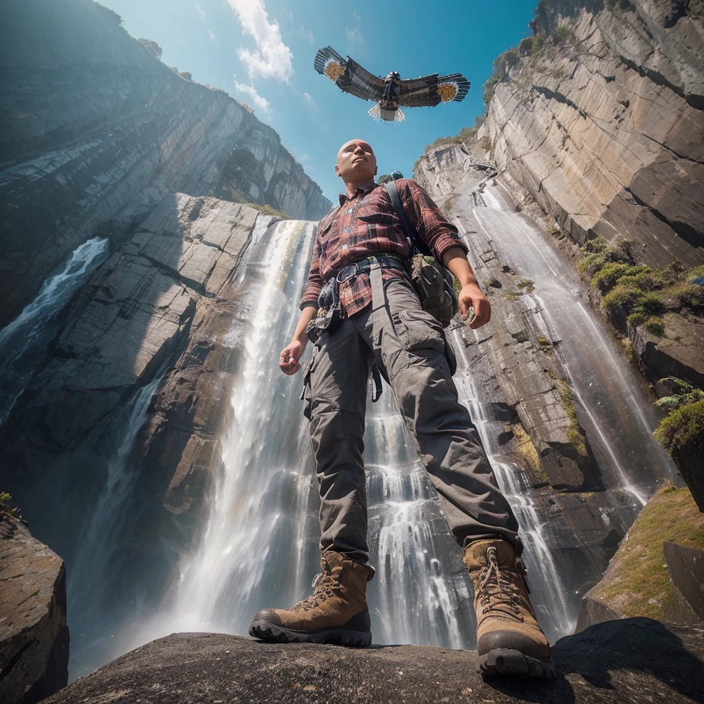 Very clear and very detailed, long distance view, high angle shot and fish eye effect. An Indonesian young man, which, bald head, wearing a plaid shirt, gray tactical pants, mountaineering boots, climber's backpack, standing proudly holding the Indonesian flag, in a waterfall that has an agile shape.