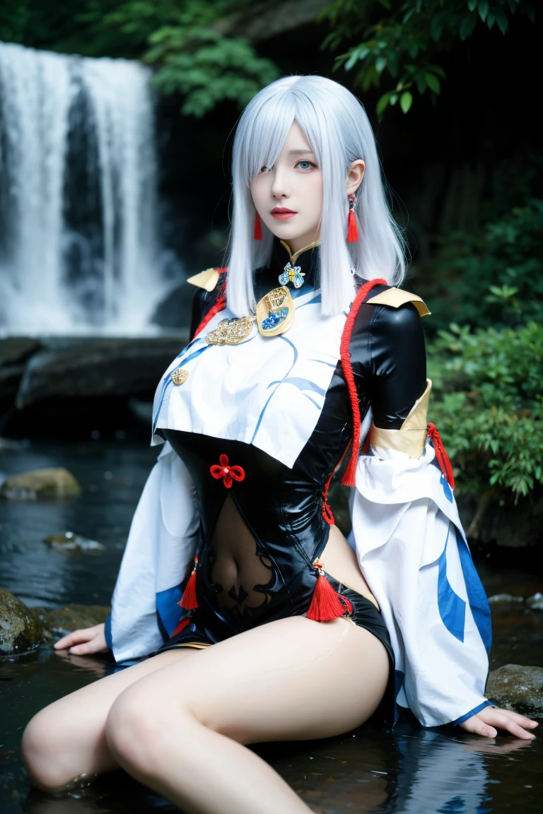 best quality, tmasterpiece,Ultra-high resolution,Clear face,(Reality:1.4),ferpect lighting,(upper body photo), (photorealistic:1.50), anime wallpaper, Guviz style artwork, cover-up fantasy up to magic , by Yang J, Guviz, beautiful artwork illustration, beautiful digital artwork, beautiful digital illustration, Li Song, beautiful anime portrait, art style in Beauvot, 1girl,独奏,pale skin,perfect body,glossy skin,hitman,shenhe \(genshin impact\),(hair above one eye),long hair,tassel,gloves,breast curtain,(black bodysuit),bodysuit,earrings tassel, (super giant breasts: 1.3), white hair, (hair decoration), A very beautiful girl happily bathes near a clear and cool waterfall, River, Water, In the water, (Sitting underwater), wet body, (Water soaks the body),