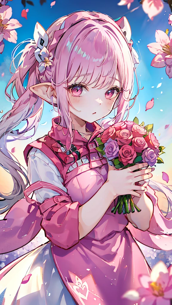 Pink long hair、pink dresses、Beautiful fairy girl、Holding a large bouquet of colorful flowers in both hands、Petals fluttering all over