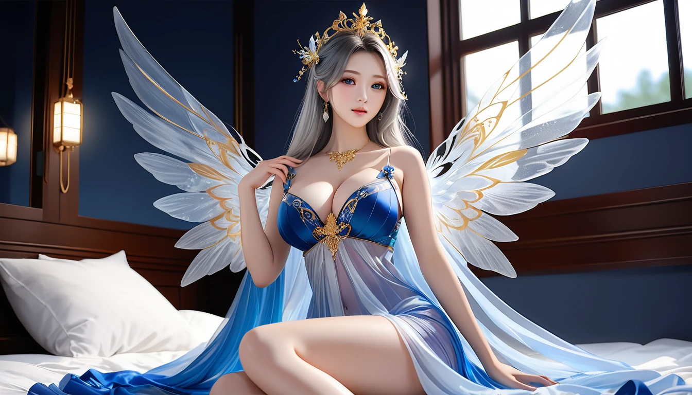 Woman in transparent dress,Viewer,(((Full breasts, Keeley University))),Slim waist,(Navel exposed,Bare waist), Long hair, extreme detailed details, Detailed fantasy art, Stunning character art, Beautiful and exquisite character art, Beautiful transparent dress, Very detailed, Girl wearing flowing Hanfu, Exquisite headpieces and jewellery,Crystal jewelry filigree, galaxy, Stunning visuals, (Dynamic Stripes, light rail:1.2), Vibrant colors,Long hair动漫女孩和狐狸, 美丽的白金色Angel女士, 白毛Angel, Beautiful character painting, Beautiful anime portrait, Angel翅膀的女孩, a beautiful Angel woman, Mystical artwork, Guweiz, by Ren Renfa, Angel, Large Breasts,Full breasts,Golden ratio figure,Perfect body,Ultra wide-angle shooting,Full body shot,Body close-up,Full body shot,Wearing a pleated tulle skirt,Soft anime illustration, Soft dark background,Fujifilm XT3 Clear focus, f 5.6, High Detail, Clear focus, Dramatic, (Wearing openwork clothing), (Looking at the audience:1.8), (Natural light), (Tempting)translucent, Good velvet quality, Compared, Divine Light,, Silver gray hair, Sky background, Absolute Strength,女性Angel,Girl in sexy silk,,Large Breasts,Full breasts,Golden ratio figure,Perfect body,Ultra wide-angle shooting,Full body shot,Body close-up,Full body shot, Wearing a tulle dress, Model shooting style, Large Breasts,Full breasts,Golden ratio figure,Perfect body,(Extremely detailed CG 8k wallpaper unit), The most beautiful artistic photos in the world, , 8K Ultra HD, ) On the big white bed,Lazy gesture,Charming and seductive expression,best quality,masterpiece,Ultra-high resolution,(Practical:1.4),original photo,Ultra-high resolution,White skin,Exquisite makeup,Long legs,Bright beautiful eyes,用深色眼影打造Exquisite makeup,