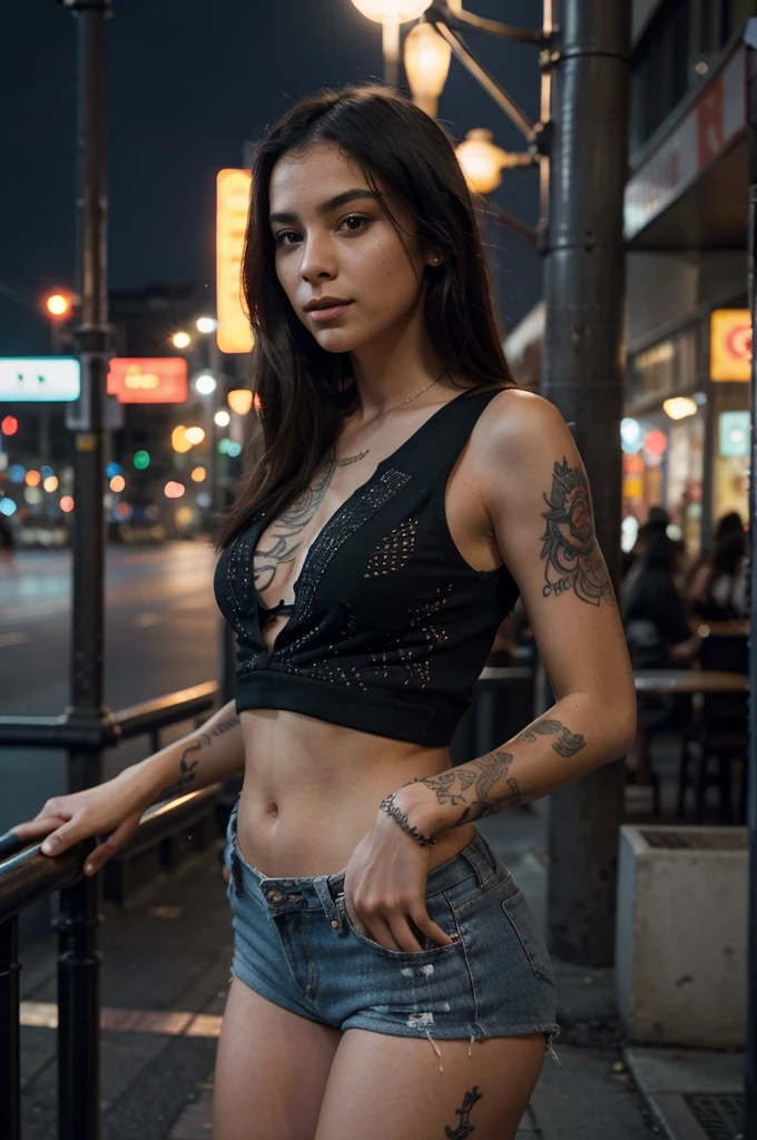 Create a photorealistic  model of a young Colombian woman, approximately 25 years old, exuding a model-like appearance. She stands confidently against the vibrant backdrop of a night city, with lights casting dynamic shadows around her. Her skin is adorned with intricate tattoos that span across her arms, torso, and legs, showcasing detailed designs that add to her edgy and artistic vibe.
The woman is dressed in a stylish top, designed without a bra for a fashion-forward look, emphasizing her silhouette. She wears short shorts that reveal more of her tattooed legs, contributing to her bold and modern aesthetic.
In her hands, she holds a cigarette, casually poised as if she's taking a moment to herself amidst the bustling city nightlife. The glow of the cigarette tip adds a subtle illumination to her face, highlighting her features and conveying a sense of contemplation or cool confidence.
Focus on creating a realistic and detailed representation of the tattoos, ensuring they integrate seamlessly with the skin texture.
Consider the lighting and environment to enhance the nightlife atmosphere, with city lights reflecting in the background.
Aim for a pose that balances her casual stance with a hint of attitude, capturing the essence of her character.

Pay attention to the realistic rendering of her skin texture, capturing the subtle details of the tattoos and the natural play of light and shadow on her form. Ensure the modeling of her facial expression reflects her mood—confident yet enigmatic, embodying the spirit of urban youth culture