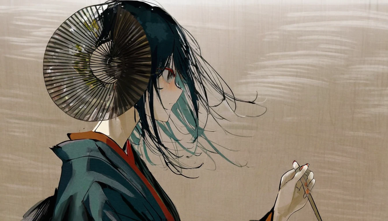 by Demizu Posuka by ziyun,
Detailed face paper texture of one girl in kimono,
Fan from the side,
Slope
(High resolution,
masterpiece,
Highest quality, )