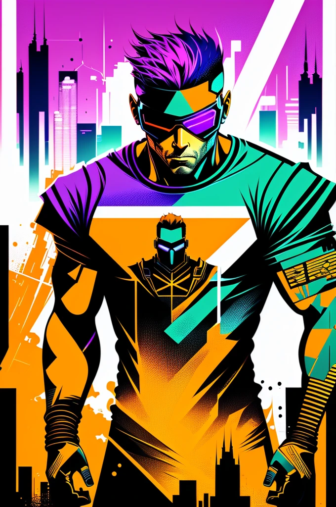 Ready to print vector t-shirt art colorful graffiti illustration of a futuristic soldier, futuristic cyberpunk city background, realistic image style, image on white background, centralized 