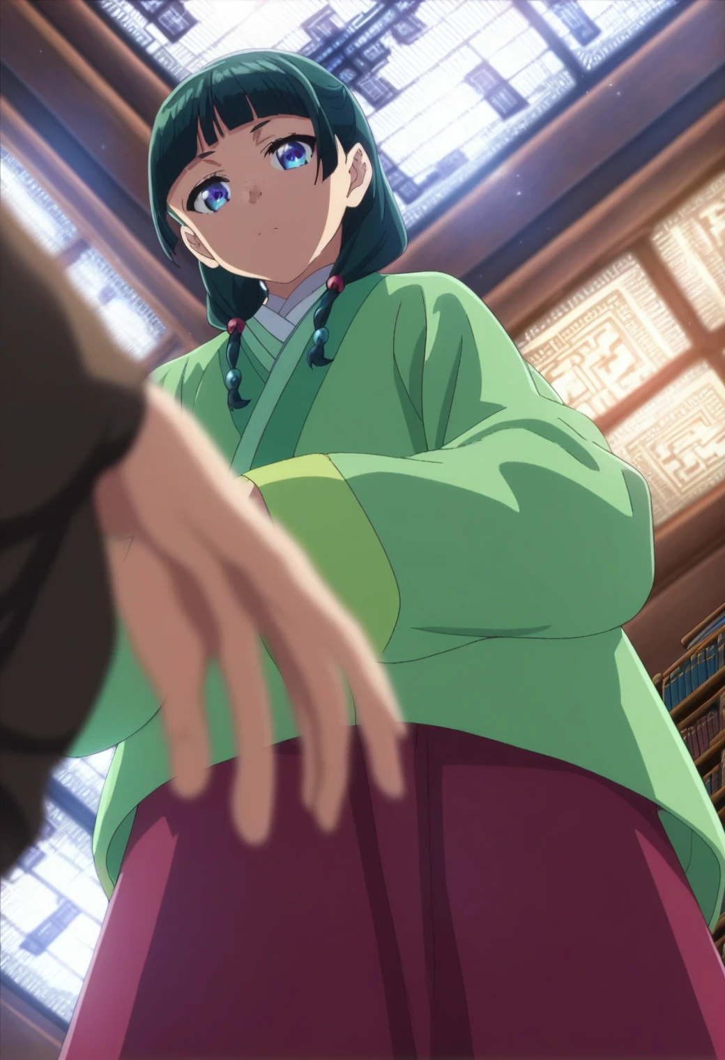 1girl, maomao, solo, green hair, long hair, blue eyes, BREAK
blurry foreground, bookshelf, ceiling, closed mouth, depth of field, from below, indoors, freckles, light green hanfu, default clothes, chinese clothes, long sleeves, wide sleeves, red hakama, default hairstyle, sidelocks, blunt bangs, hair beads, hair over shoulder, standing, low twintails, BREAK
score_9, score_8_up, score_7_up, score_6_up, anime, BREAK
(high quality, detailed, beautiful), shiny, detailed beautiful eyes, outstanding, countershading, detailed soft lighting