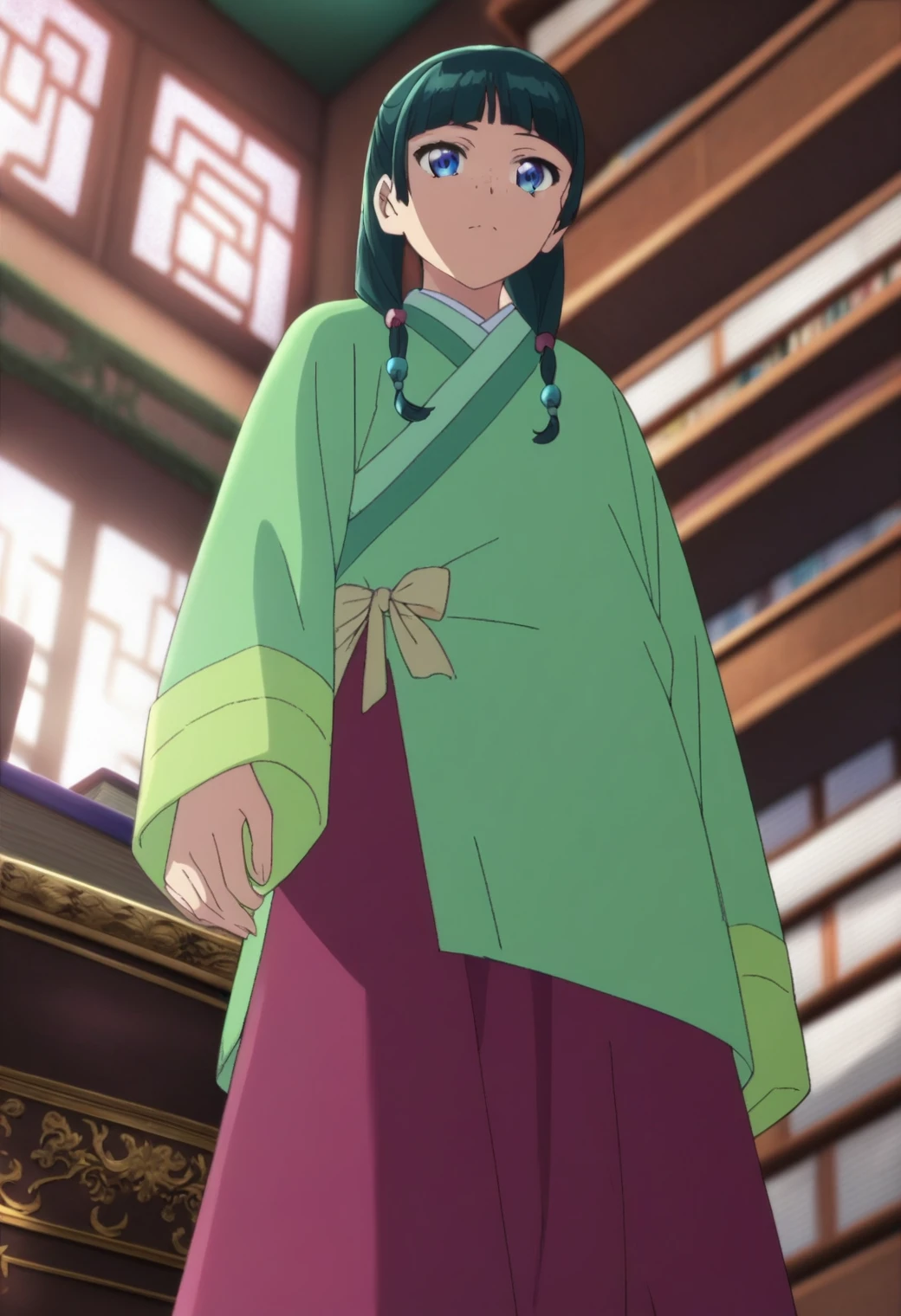 1girl, maomao, solo, green hair, long hair, blue eyes, BREAK
blurry foreground, bookshelf, ceiling, closed mouth, depth of field, from below, indoors, freckles, light green hanfu, default clothes, chinese clothes, long sleeves, wide sleeves, red hakama, default hairstyle, sidelocks, blunt bangs, hair beads, hair over shoulder, standing, low twintails, BREAK
score_9, score_8_up, score_7_up, score_6_up, anime, BREAK
(high quality, detailed, beautiful), shiny, detailed beautiful eyes, outstanding, countershading, detailed soft lighting