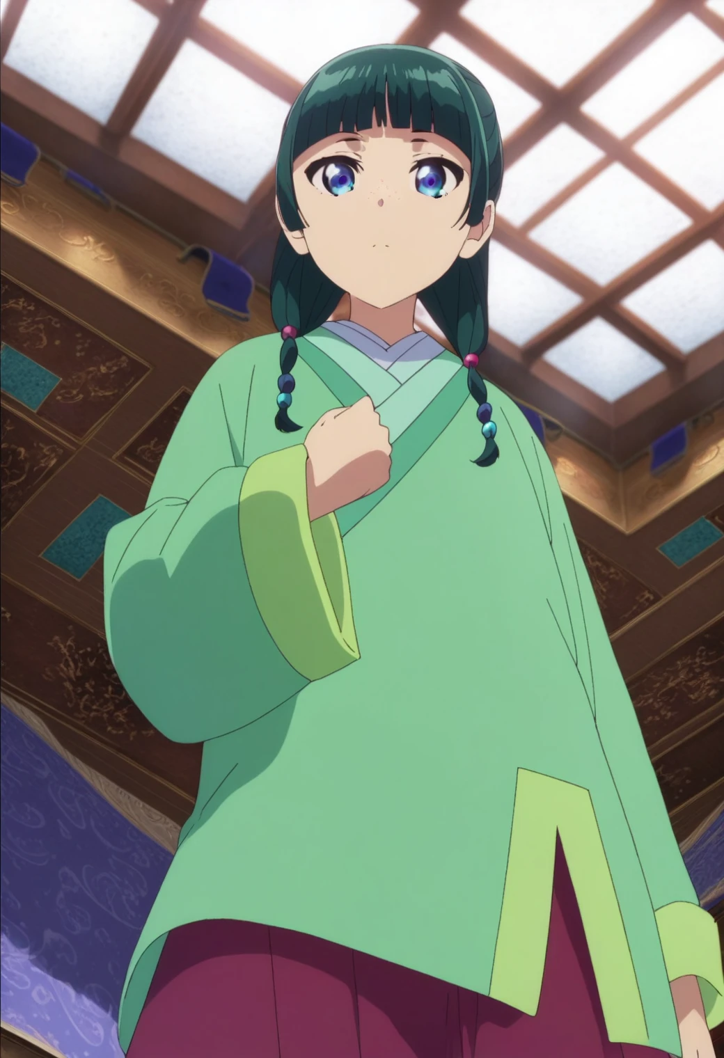 1girl, maomao, solo, green hair, long hair, blue eyes, BREAK
blurry foreground, bookshelf, ceiling, closed mouth, depth of field, from below, indoors, freckles, light green hanfu, default clothes, chinese clothes, long sleeves, wide sleeves, red hakama, default hairstyle, sidelocks, blunt bangs, hair beads, hair over shoulder, standing, low twintails, BREAK
score_9, score_8_up, score_7_up, score_6_up, anime, BREAK
(high quality, detailed, beautiful), shiny, detailed beautiful eyes, outstanding, countershading, detailed soft lighting