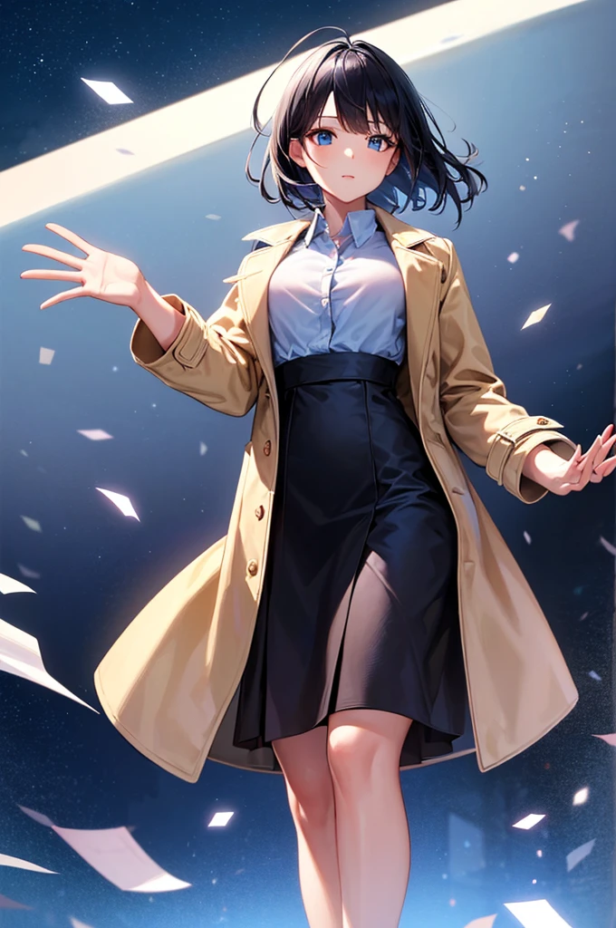 (Highest quality, masterpiece),(One girl, coat,expression, blue eyes, View your viewers, Black Hair, Dress shirt, Black Skirt, Waving to the audience), (Reduce Blue Light, Blue glass shards swirling behind, Floating objects, Night Sky)