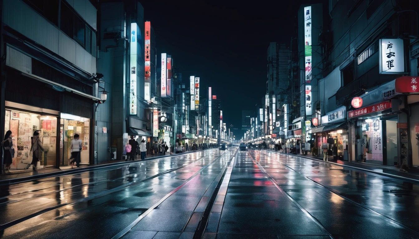 Create a digital artwork of a modern urban street in Japan at night, with a slightly blurred effect to convey a sense of unease. The scene should include tall buildings, streetlights casting an eerie glow, and a few scattered pedestrians or cars. Use muted colors and dim lighting to enhance the unsettling atmosphere. The blur should be subtle but noticeable, giving the impression of motion or disorientation. The overall composition should evoke a feeling of tension and mystery in the urban environment.