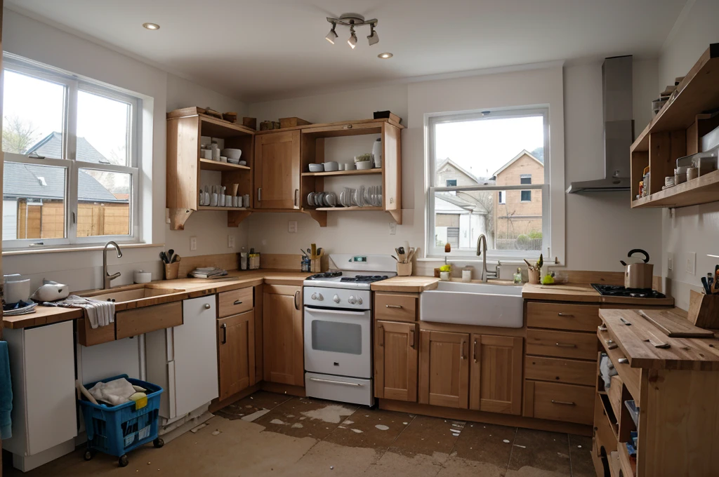 Kitchen and bathroom in the middle of renovation, with visible building materials and tools. Work.