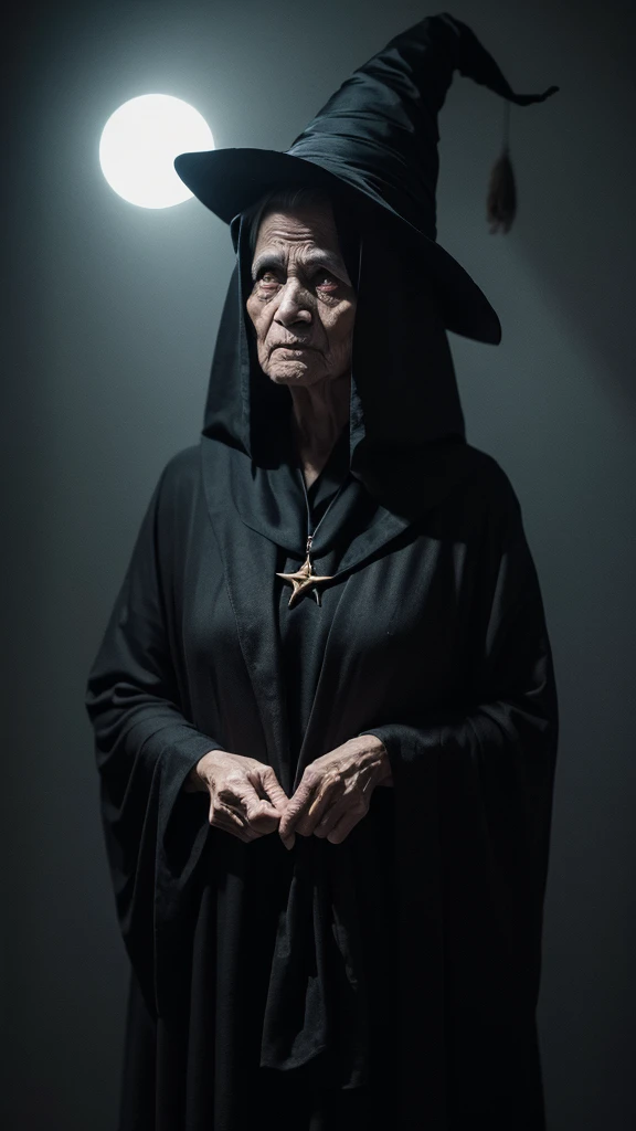witch grandmother ugly Odd Eye scared Dark background Shadow on face