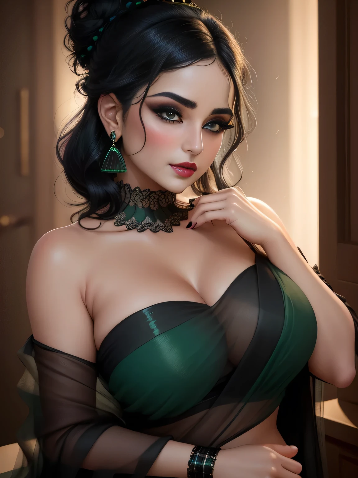  Amazing portrait of a sexy woman with a beautiful face emphasized by amazing makeup and beautifully detailed eyes with perfect lips wearing her black hair in a messy bun blushing intensely as she's flustered and lustful wearing some elegant earrings and a black blouse paired with a sheer dark green saree making her look hot with vibrant colors and soft lighting