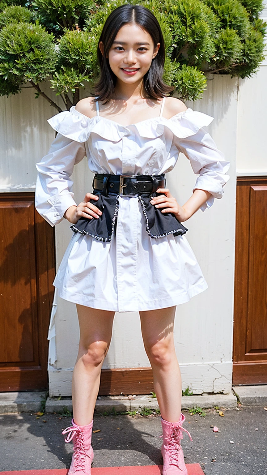 (8K、RAW Photos、Highest quality、masterpiece:1.2)、(Realistic、Realistic)、1 Girl、((mini skirt、Black and Pink、Thin legs、whole body、boots、Clothes with ribbons、Anime Costumes、Chest ribbon、Off the shoulder、See-through、Frills、garden、smile、View from the front、Ribbon on chest、Looking into the camera、belt、Stand with hands on hips))、