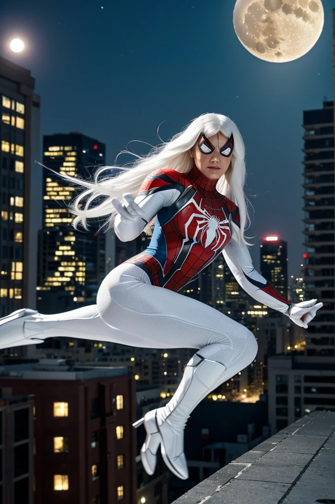 (Masterpiece, 4k resolution, ultra-realistic, very detailed), (White superhero theme, charismatic, there's a girl on top of town, wearing Spider-Man costume, she's a superhero), [ ((25 years), (long white hair:1.2), full body, (blue eyes:1.2), ((Spider-Man pose),show of strength, jumping from one building to another), ((sandy urban environment):0.8)| (cityscape, at night, dynamic lights), (full moon))] # Explanation: The Prompt mainly describes a 4K painting of ultra-high definition, very realistic, very detailed. It shows a superheroine at the top of the city, wearing a Spider-Man costume. The theme in the painting is a white superhero theme, the female protagonist has long white hair, is 25 years old and her entire body is shown in the painting. In terms of portraying the actions of superheroines, spiders are employed