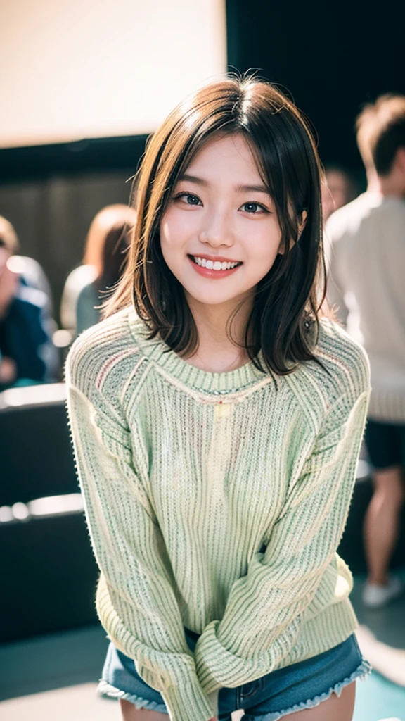 masterpiece, Highest quality, Highest quality, beautiful girl, Cute face, RAW Photos, (((Summer Sweater), Shorts)), Staring at the audience, Dynamic Lighting, Cinema Lighting, Face Light, Film Grain, chromatic aberration, Sharp focus, Very happy smile, Please be embarrassed, Show me your little teeth, Upward glance, Portrait