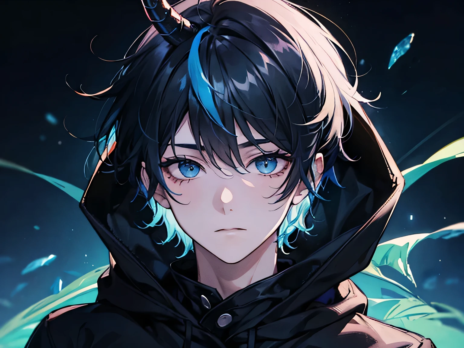 a boy with black hair and blue eyes. 2 Dragon horn blue on head, messy hair. staring blankly. wearing a black hoodie. (Close-up:1.1)