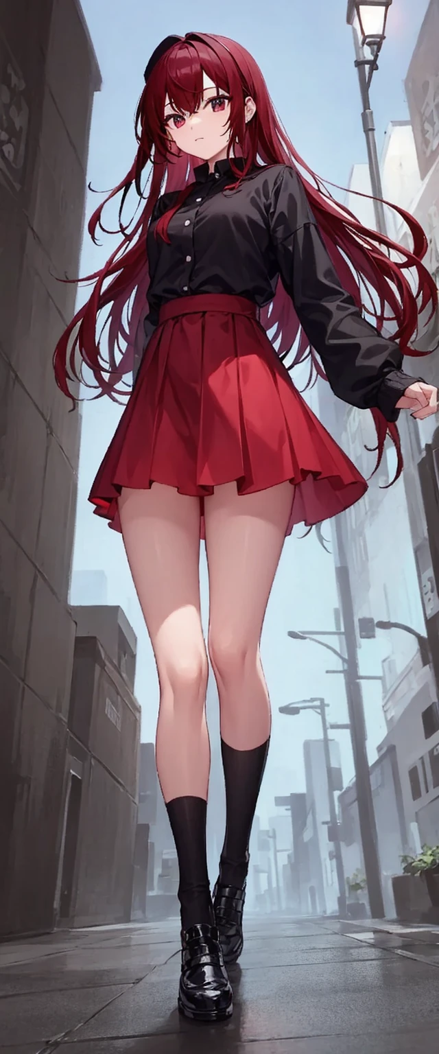 cool, standing, red and black clothes, looking at viewer, outdoors, mid night, street lamps, from above, long skirt, semi long hair