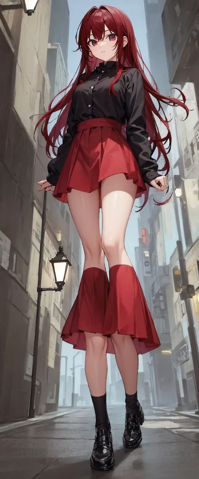 cool, standing, red and black clothes, looking at viewer, outdoors, mid night, street lamps, from above, long skirt, semi long hair