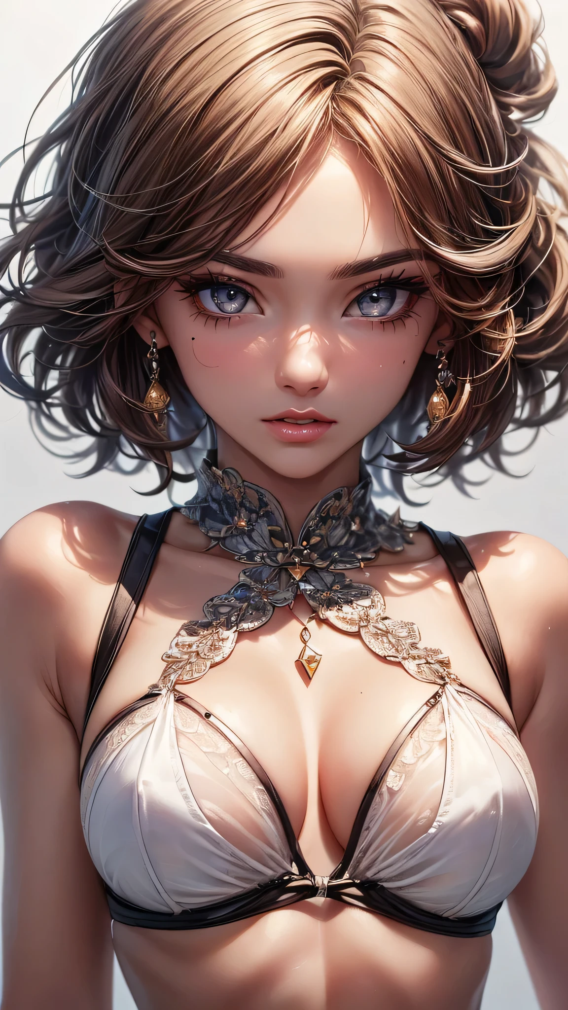 ((Highest quality, 16K, masterpiece: 1.3)), (beauty: 1.2, Slim Abs: 1.2), (Ultra detailed face, Highly detailed lips, Fine grain, double eyelid), (White see-through bikini), 1 female, Short bob woman, One mole on the right breast