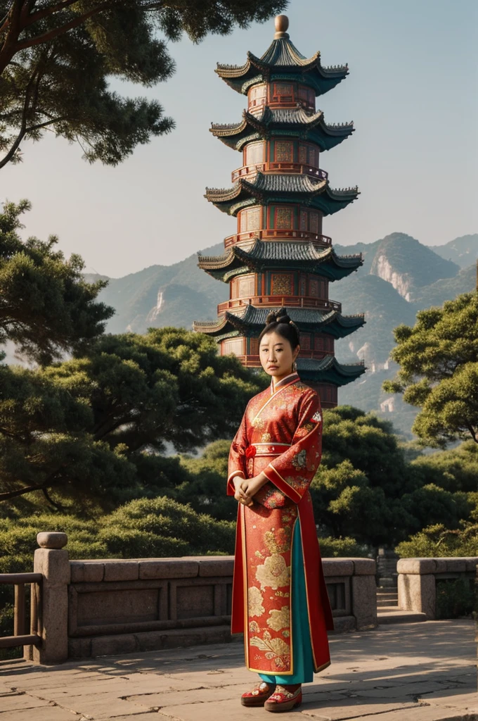"Picture China as a person standing tall in a diverse landscape, their attire blending tradition with modernity. With a confident posture and thoughtful gaze, they embody ancient wisdom and contemporary innovation, symbolizing resilience and global influence."