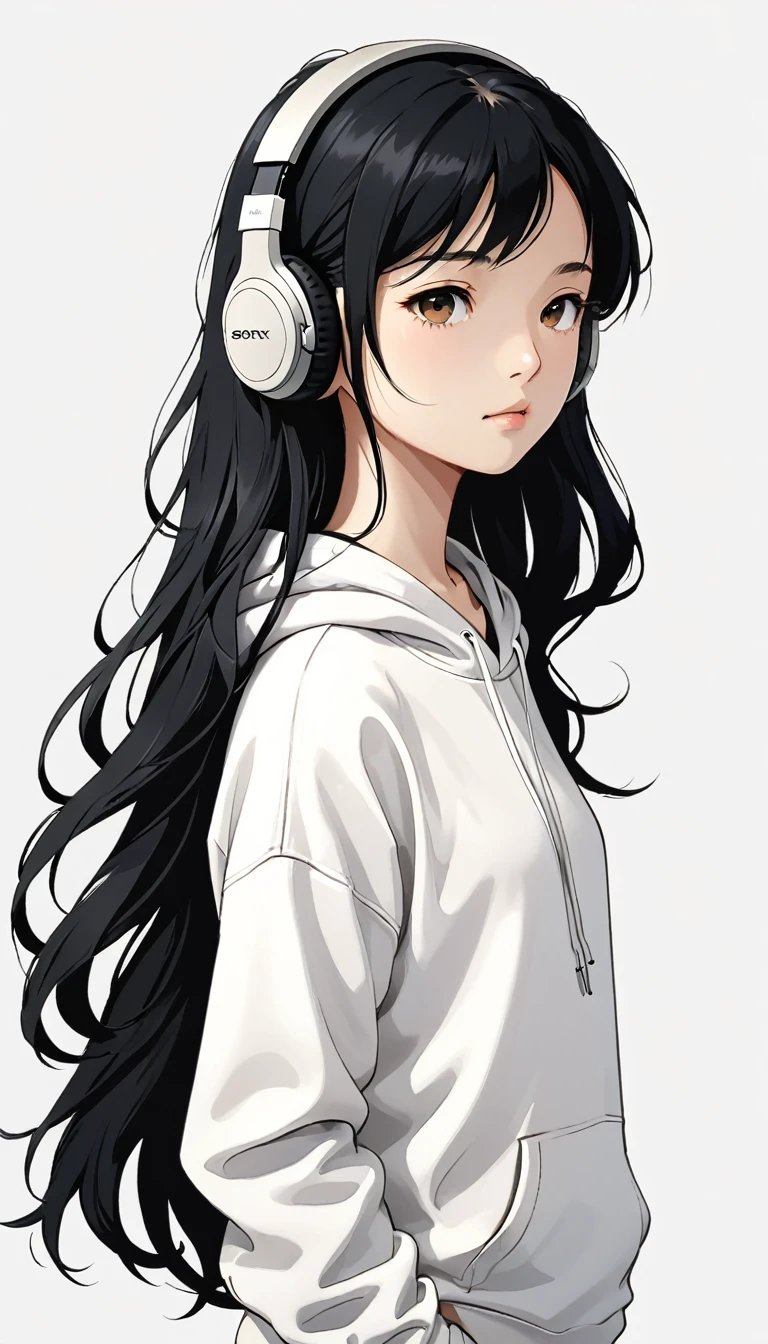 Headphones、Sony、Black Hair、Long Hair、Close ~ eyes、White hoodie、Upper Body、Simple Background、Girl、Japanese