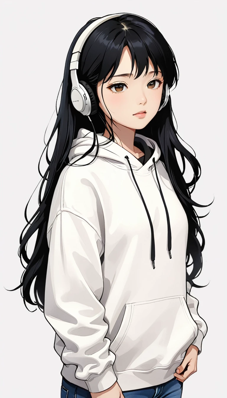 Headphones、Sony、Black Hair、Long Hair、Close ~ eyes、White hoodie、Upper Body、Simple Background、Girl、Japanese
