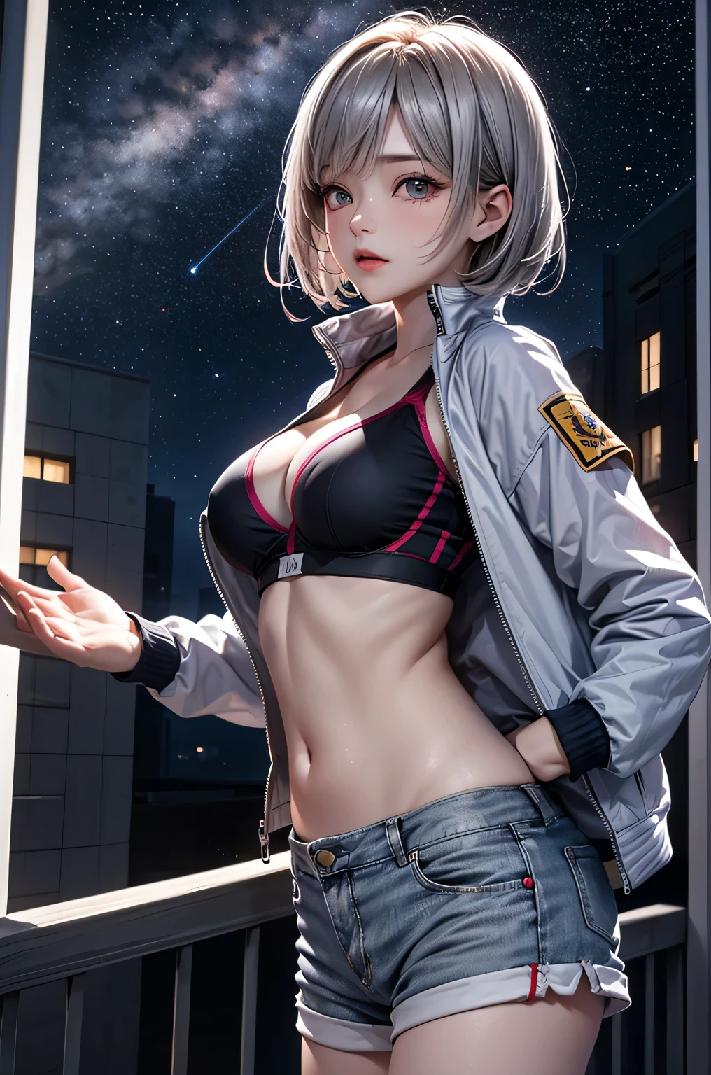 (masterpiece:1.5, Highest quality, Very detailed、 Dutch Angle、Realistic、2.5D、Realistic)(One Girl, Sports Girl, cutegirl)(Grey Hair:1.6,,short hair)(Sports Bra、Jacket:1.5、Shorts、肩にJacketをかける)、((medium breasts, Beautiful cleavage,underboob))(from backside),(Beautiful starry sky、Mystical Night、Particles of light float around the woman、Fantastic space、Looking down on the building)