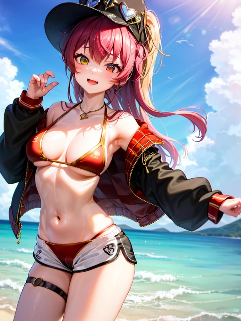 (masterpiece, High resolution、Highest quality, Very detailed),One Girl,((Ultra-fine illustrations)),((Cute eyes,Very detailed肌)),((Blessed,Blessed,Captivating body、Detailed Background))、(sun、vacations、tropical、White sand beach、You can see the sea in the distance)、(Shiny skin:1.2), (Face full of joy:1.3), (ビーチパラソルの下のラウンジャーに座りながらtropicalジュースを飲む:1.3), (houshouBikini, heterochromia, red eyes, yellow eyes, ponytail, long hair, jewelry, baseball cap, sunglasses, eyewear on headwear, black jacket, open jacket, white shorts, short shorts, red bikini, string bikini, o-ring thigh strap)