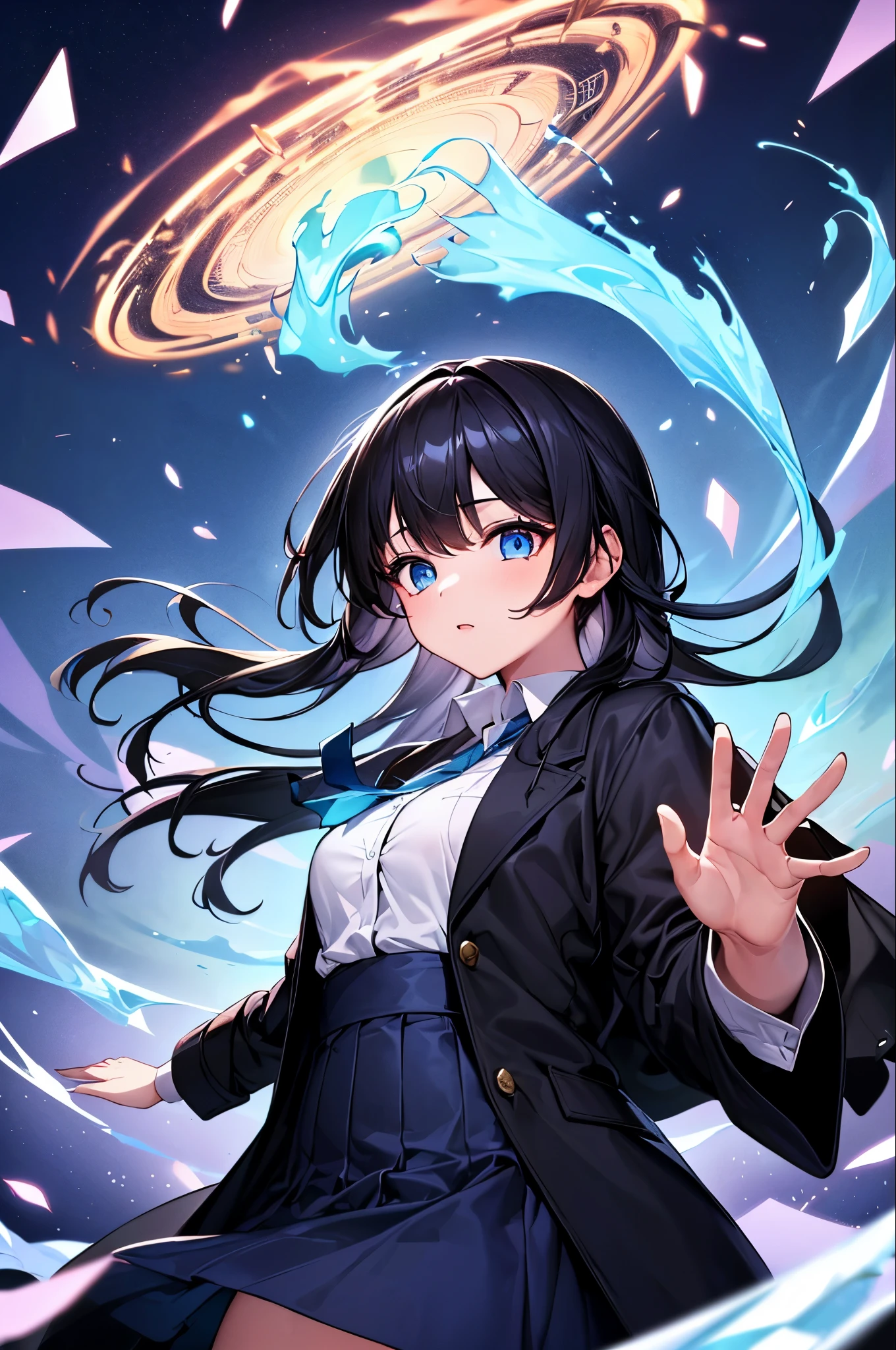 (Highest quality, masterpiece),(One girl, coat,expression, blue eyes, View your viewers, Black Hair, Dress shirt, Black Skirt, Waving to the audience), (Reduce Blue Light, Blue glass shards swirling behind, Floating objects, Night Sky)