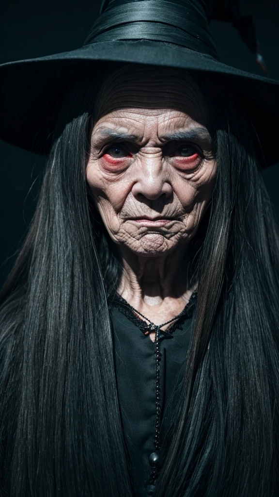 witch grandmother ugly Odd Eye Creepy Dark background Shadow on face