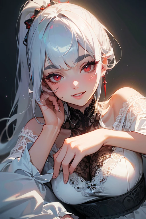 (Highest quality, masterpiece:1.2), (High resolution, 最高masterpiece).(difficult).Very detailed, Realistic:1.37, Fantasy, An illustration,Gray Hair、 Red eyes、Queen, White and blue dress、beautifully、Eyeshadow Red、Thick eyebrows、Long eyelashes、pupils are black、shiny on the lips、Top Sites、Queen、Princess、A kind smile、Show your teeth a little and smile、Soft impression、people々々々Loved by、Slimming the face、Shoulder Bare、ponytail、Kissing Face、Long white hair、Shaggy Bangs、Save face image、((Lace Underwear)).sexy、