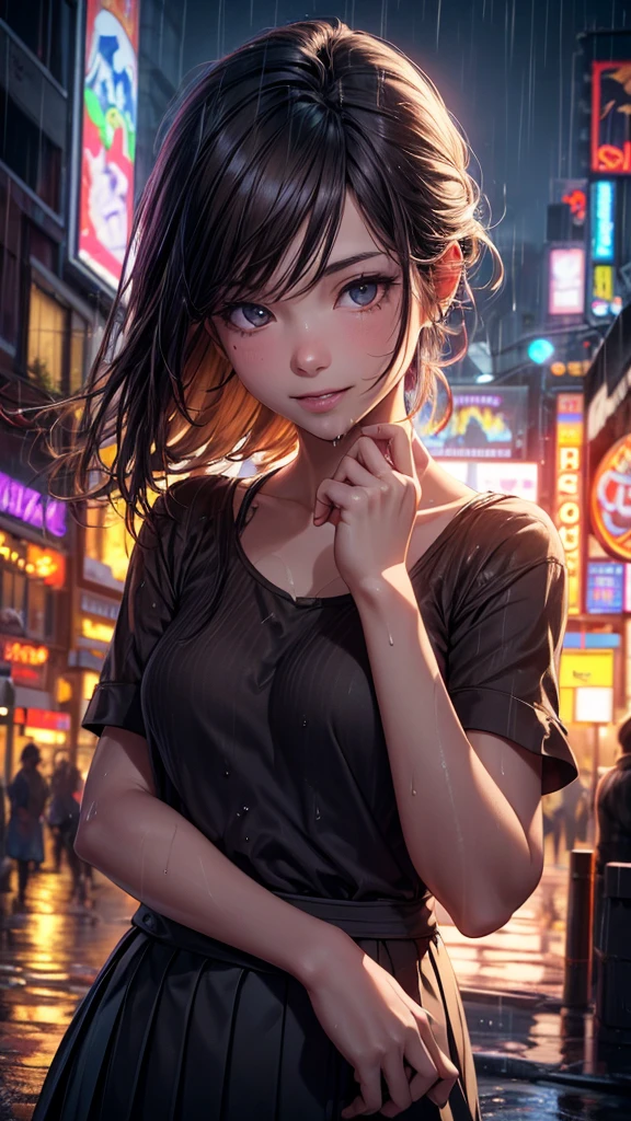 (RAW Photos, 最high quality), (Realistic, photoRealistic: 1.2), (Round face: 1), 1 Girl, Outdoor selfie, (Skin with attention to detail: 1.2), (Puffy eyes), (Lying Silkworm), smile, clavicle, water, Straight brown black hair, Pure black pleated skirt, Soft lighting, high quality, Cityscape, Skyline, night, rain, Wet, Professional Lighting, Photon Mapping, Radio City, Physically Based Rendering,