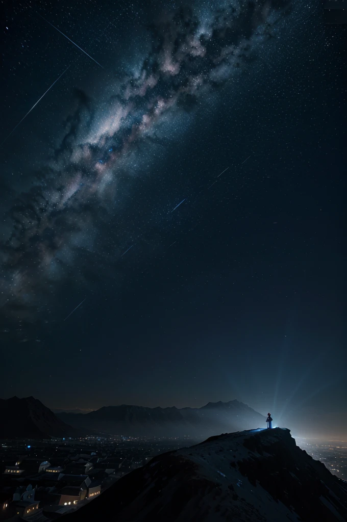 a comet in the night sky, bluish color, anime style, highly detailed, extremely detailed, digital painting, 8k, hyper realistic, studio lighting, cinematic, glowing light, beautiful scenery, dramatic composition, stunning colors, ethereal atmosphere, intricate details, photorealistic, masterpiece