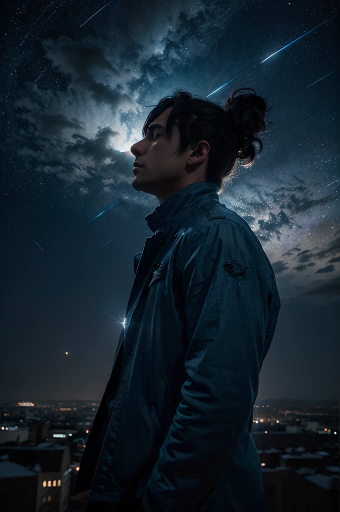 a comet in the night sky, bluish color, anime style, highly detailed, extremely detailed, digital painting, 8k, hyper realistic, studio lighting, cinematic, glowing light, beautiful scenery, dramatic composition, stunning colors, ethereal atmosphere, intricate details, photorealistic, masterpiece