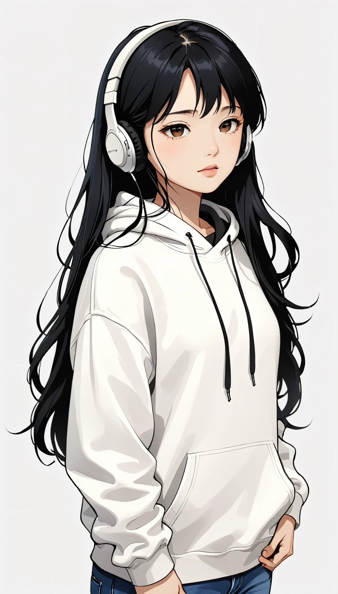 Headphones、Sony、Black Hair、Long Hair、Close ~ eyes、White hoodie、Upper Body、Simple Background、Girl、Japanese