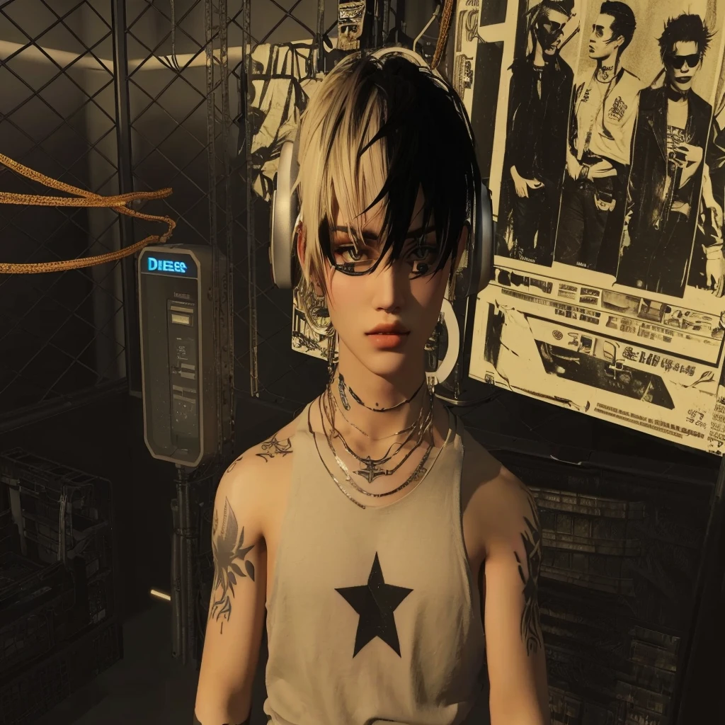 there is a men with an angel tattoo on her arm, diesel punk guy, imvu, realistic